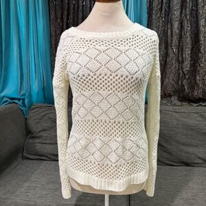 Cottagecore Womens White Open Knit Diamond Crochet Sweater Size M Coachella